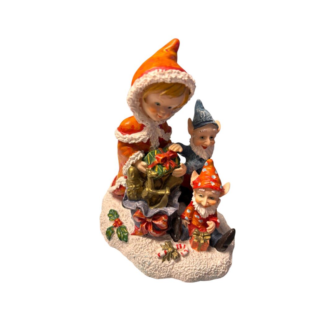 Christmas Elf & Child Figurine Holiday Resin Decoration Vintage Style